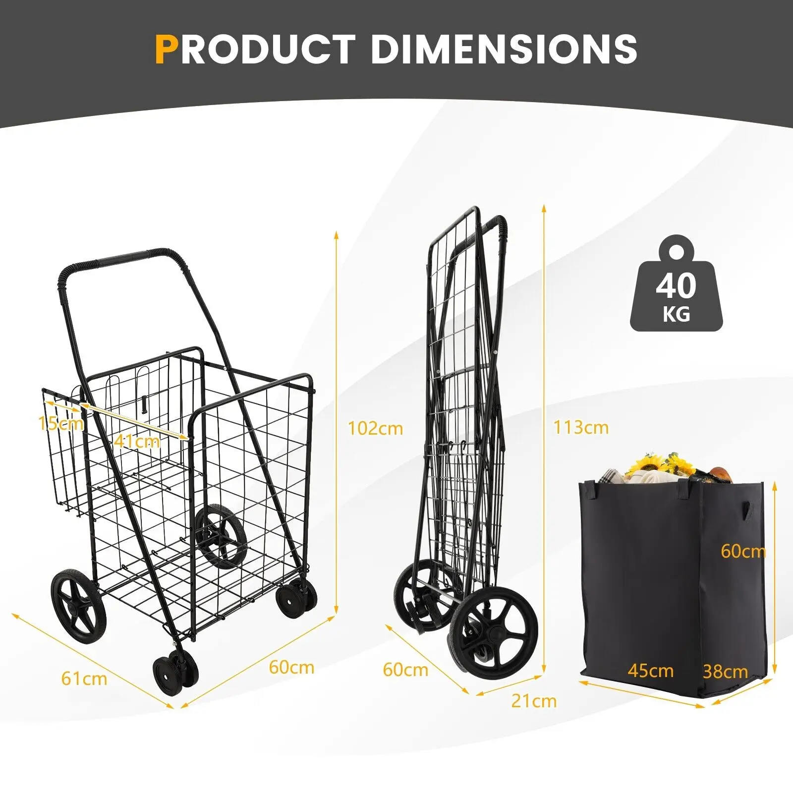 ERGOMASTER Folding Shopping Cart Portable Utility Grocery Cart 120L Capacity w/Oxford Liner