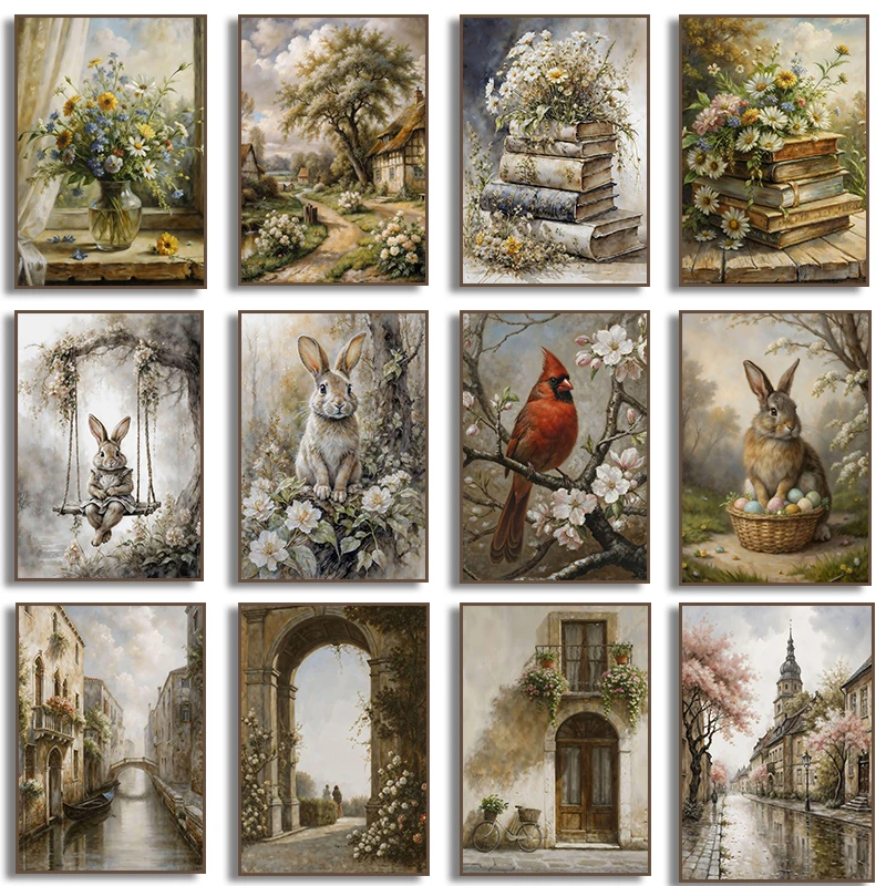 Vintage Frühling Ostern Hasen Buch Stapel Wildblumen Dorf Landschaft Poster Druck Leinwand Malerei für Wohnzimmer Wohnkultur