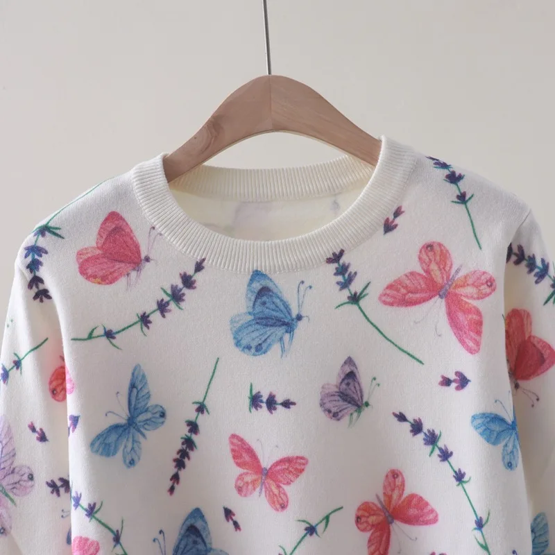 Autumn and Winter New Full Body Colorized Butterfly Printed round Neck Sweater Long Sleeve Sweater Versatile Slimming Underwear