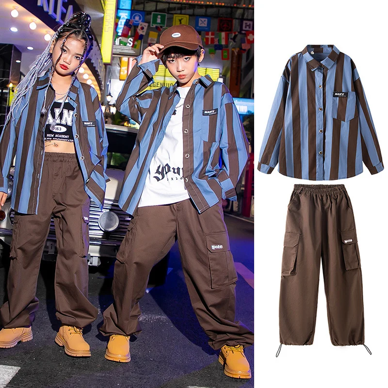 

Kids Street Dance Costume Stripe Shirt Brown Cargo Pants Fashion Catwalk Show Outfit Girls Kpop Jazz Dance Clothig DL11579