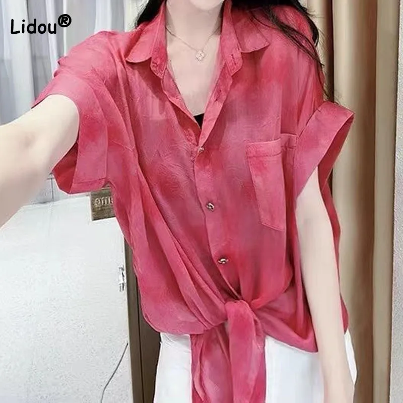 

Korean Loose Turn-down Collar Short Sleeve Shirt Women's Clothing Summer Simplicity Fashion Solid Color Single-breasted Blouse