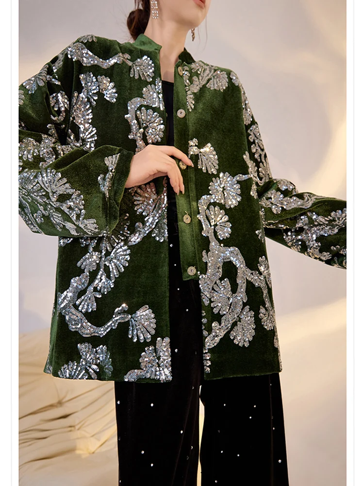 Spring and Autumn New Chinese Style Stand Collar Velvet Hidden Button Coat Elegant Flower Branch +Sparkling Jacquard Jacket S-L