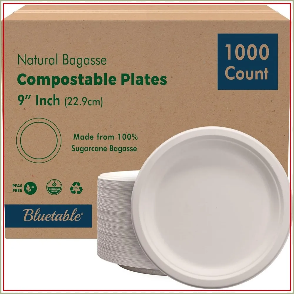 Compostable Paper Plates 9 Inch Bulk 1000 Pack Biodegradable Sugarcane Bagasse Heavy Duty Disposable