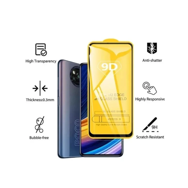 Pelindung layar Tempered, lem penuh 9D untuk Xiaomi Poco X3 X4 F3 F4 M3 M4 Pro 5G NFC GT pelindung layar Redmi 9A 9C Note 11 Pro 5G 11S 4 buah