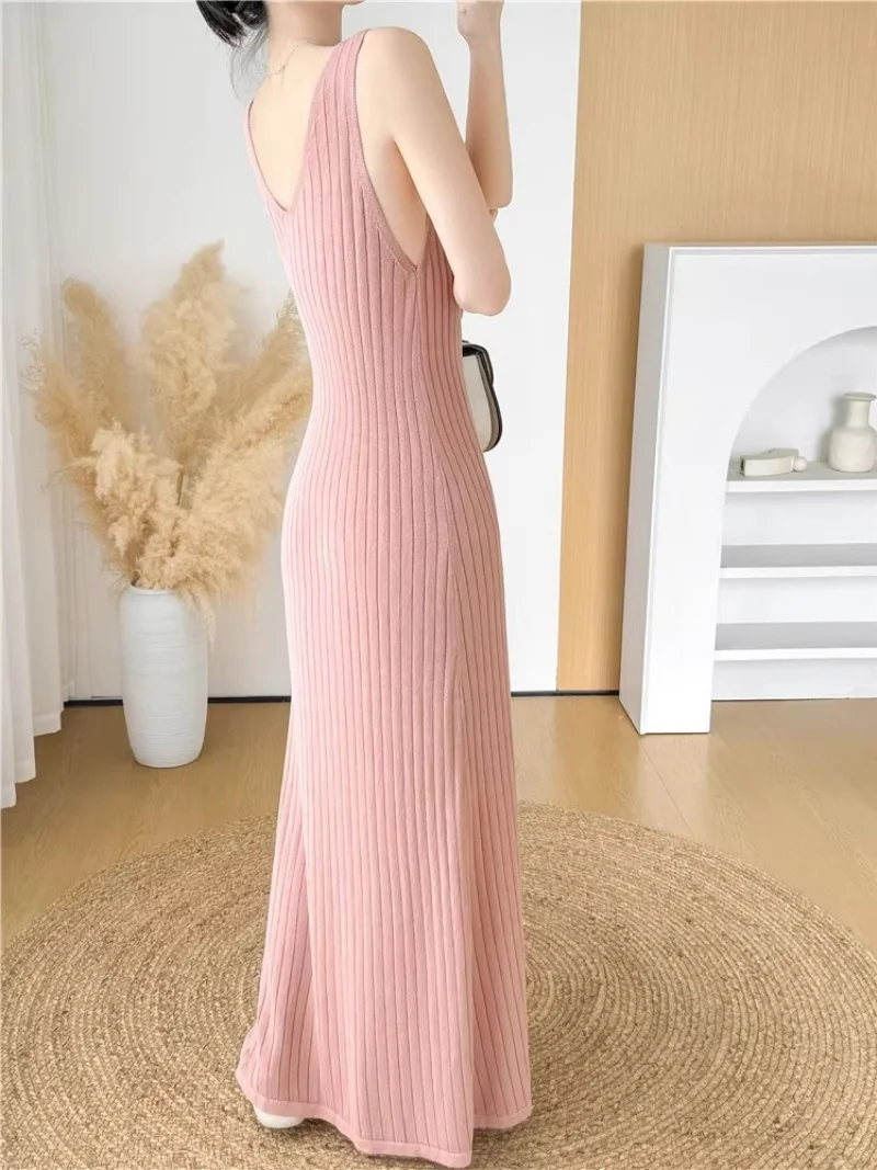 X-Long V-Neck Sleeveless Suspender Ice Silk Knitted Dress Summer New Collection Slim Fit Tank Top Long Dress For Women w468
