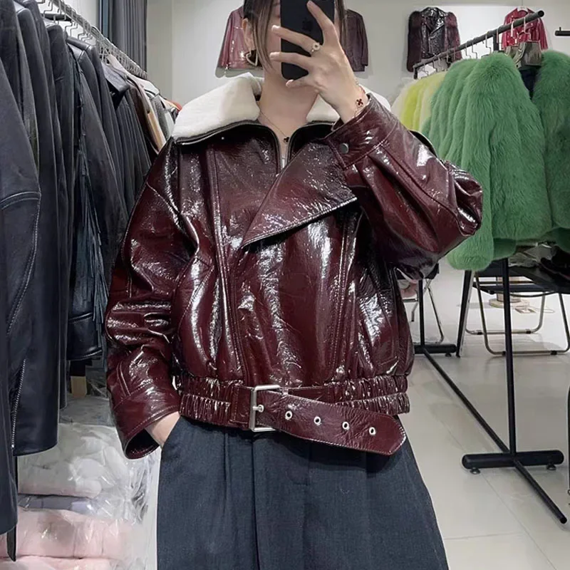 Women Coat Autumn Winter New Fashion Genuine Leather Jacket Short Length Shiny Patent Leather Clothes Female Real Wool Collar