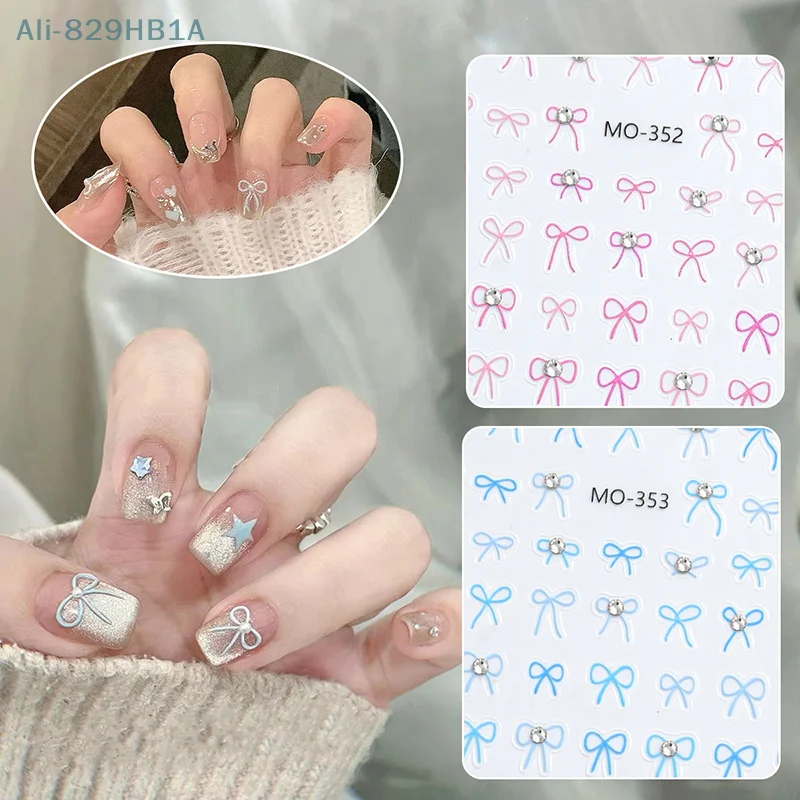 Blue Bow Nail Art Stickers Decals, 3D Self-Adhesive Nail Decals Rhinestones Bow Designs Nails Stickers For DIY Nails Manicure