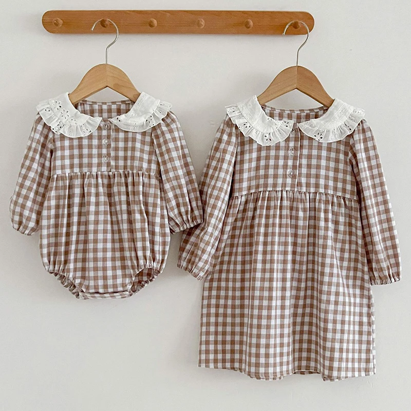 

Spring Autumn Infant Kids Baby Girls Long Sleeve Grid Sisters Dress Doll Collar Newborn Kids Baby Girls Children Clothes Rompers