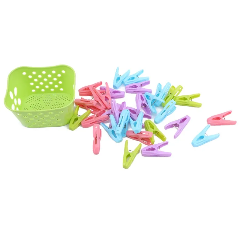 30 Pcs Clothes Pegs Pins With A Basket Colored Plastic Clothespins Durable Windproof Non-slip Laundry Bread Clip Cereal Clip