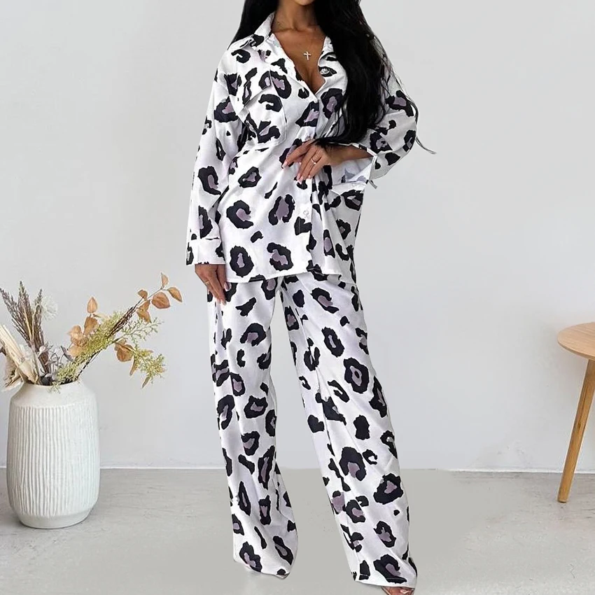 HiLoc Printed Fashion Woven Pajamas Two-Piece Long Sleeve Lapel Single-Breasted Lace-Up Blouse Elastic Waist Ankle-Length Pants