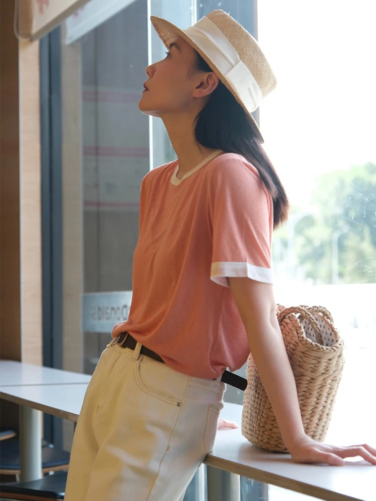 Camiseta de Manga Corta para Mujer Hanes X Karla, Corte Ajustado, Cuello Redondo Ultrafino, Bloques de Color, Primavera Verano, Nueva Llegada, Estilo Coreano