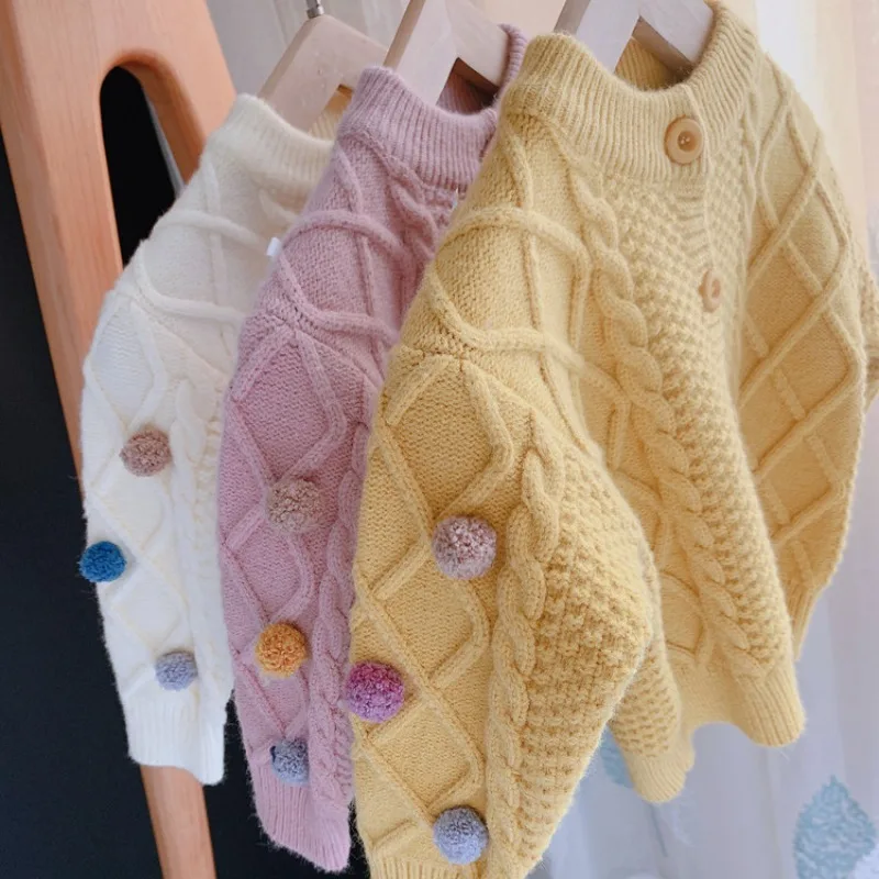 New autumn clothing Cute pom-pom girls' spring and autumn sweet knitted cardigan baby girl infant sweater coat