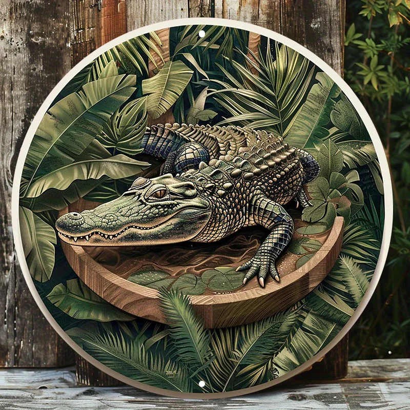 

Round Aluminum Wall Sign, UV and Scratch Resistant, Easy-Hang Decor, Decorative Wall Poster, Alligator in the Jungle