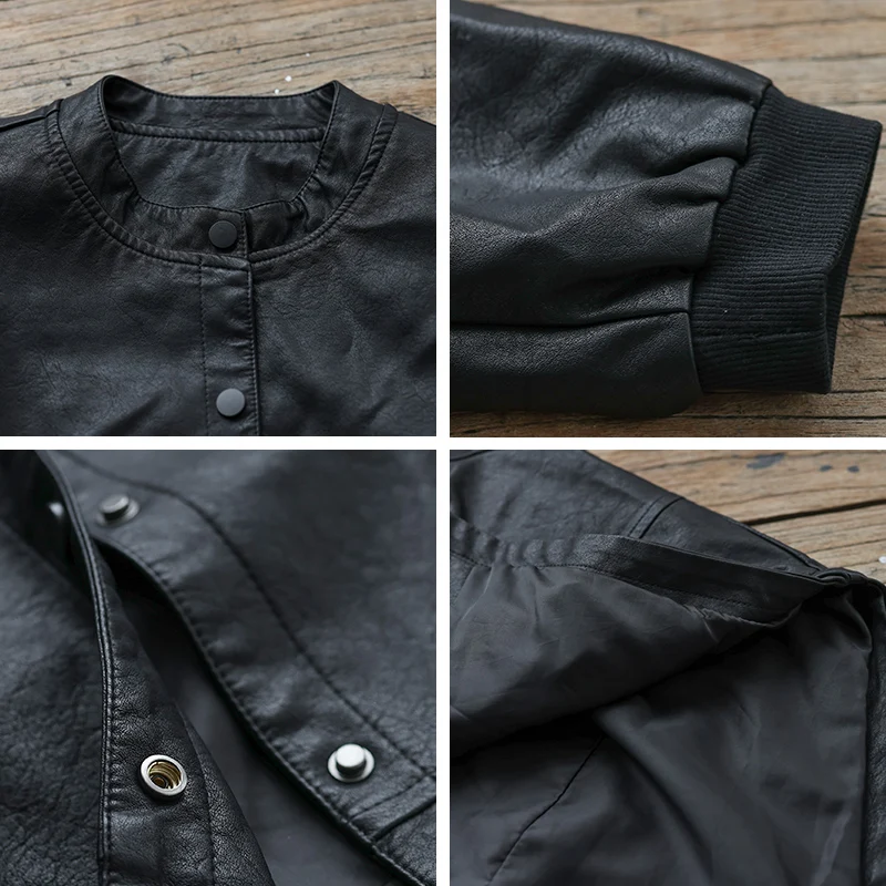 Chaqueta Corta de Cuero para Mujer, Ropa de Abrigo de Otoño, Estilo Motero de Alta Gama, Cuello Alto, Manga Larga, Abrigo de ...