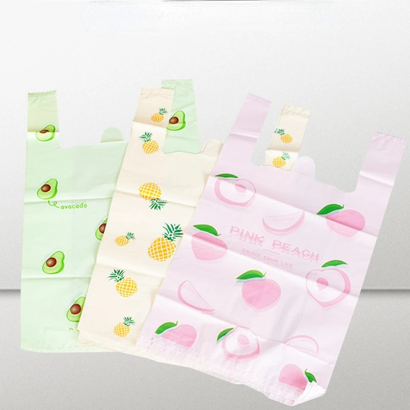 50 Pcs Cute Fruit Plastic Bag Carry Out Bags with Handle Food Packaging Retail Supermarket Grocery Shopping Home Storage