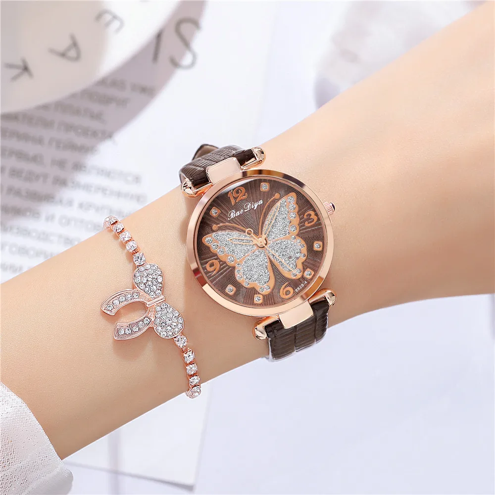 New Butterfly Watch For Women Pink Leather Strap Rhinestone Ladies Wristwatch Casual Luxury Quartz Female Watches montre femme