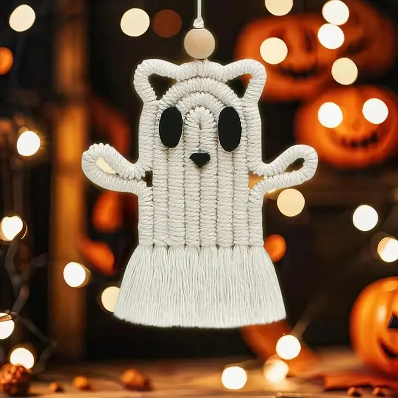 Cute Macrame Ghost Cat Wall Hanging Ornament Handwoven Tassel Pendant Halloween Home Window Door Decor Spooky Boho Party Decor