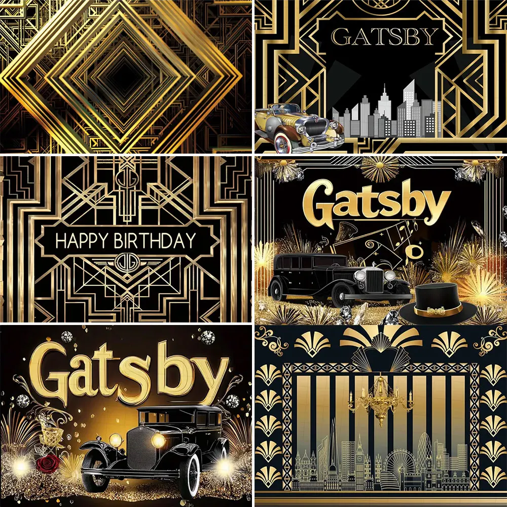 

1920s Photography Background "The Great Gatsby" Theme Birthday Party Background Black and Gold Lines Birthday Party Decor Banner