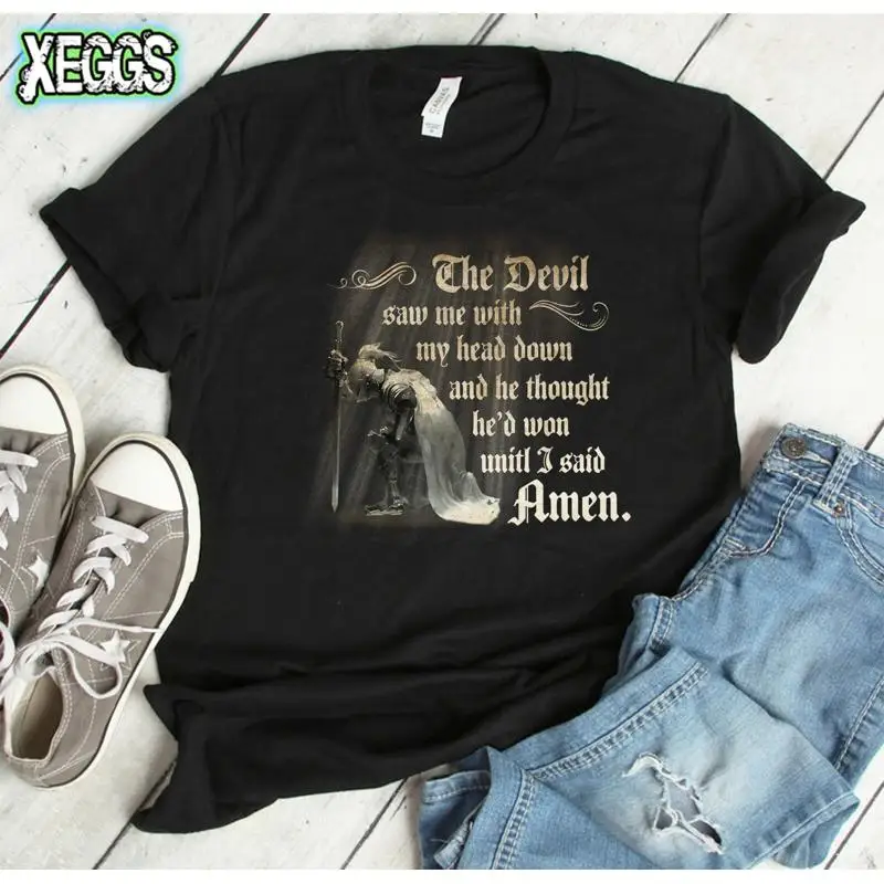 تي شيرت مسيحي يعتمد على الإيمان الشيطان رأىني مع رأسي أسفل اقتباس ملهم قماش بيلا ناعم