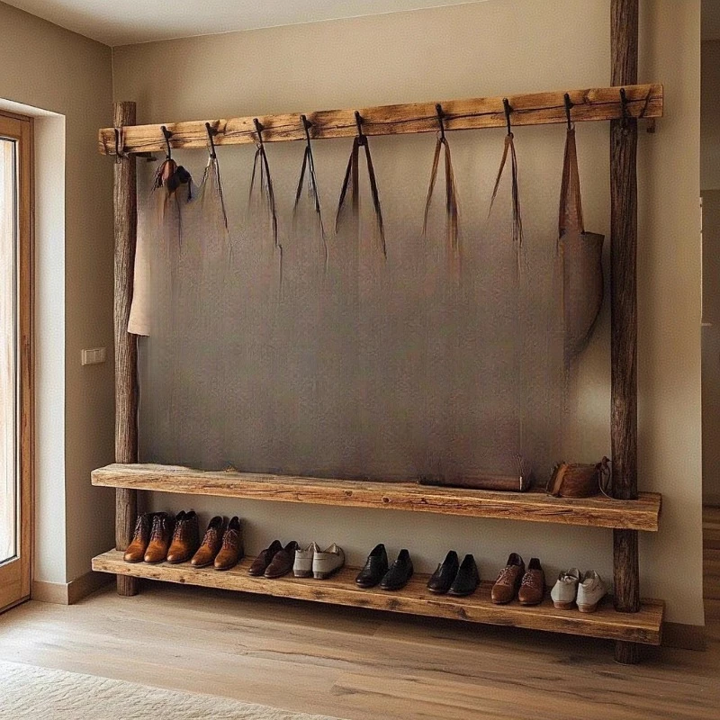 Wabi Sanfeng Home Bed and Breakfast Log Coat Rack All Solid Wood Floor Cloakroom Large Hanger Old Elm Hanger