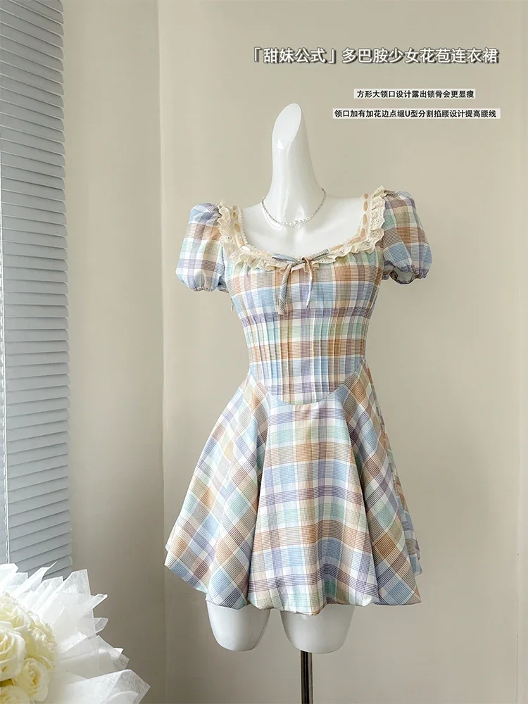 

Summer Korean Sweet Plaid Prom Gown Vintage Mini Square Collar Dress Women 2000s Aesthetic Romantic Frock Evening One-Piece Mori