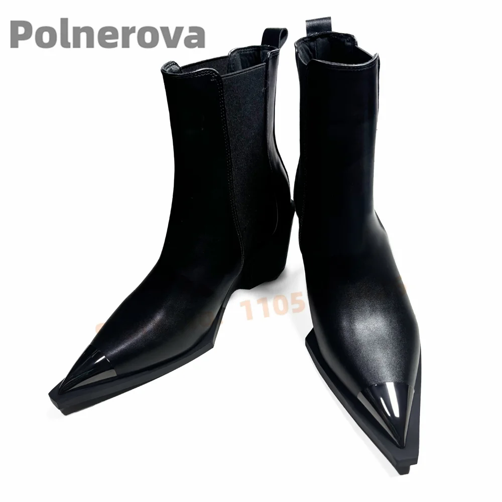 Metal Pointed Toe Work Motorcycle Boots Women Men Elastic Slim Ankle Boots British Style Chunky Heels Autumn Winter Shoes