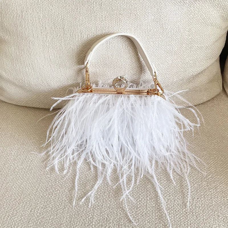 Designer Luxury Ostrich Feather Party Evening Clutch Bag Women Wedding Purses and Handbags Shoulder pearl Chain Shoulder Bag