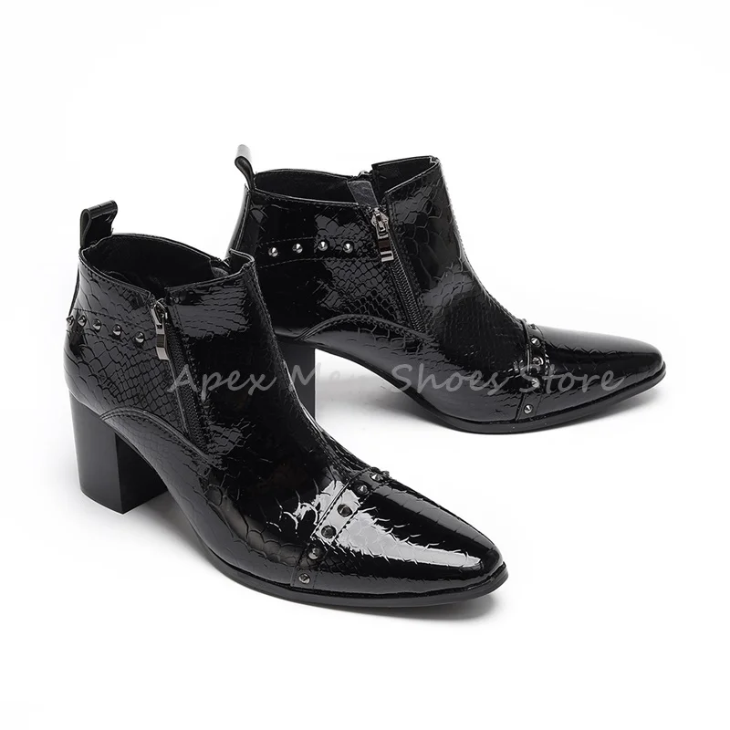 الرجال الأبيض صندل بكعب مكتنز حذاء من الجلد ثعبان نمط الجلود أشار تو سستة تشيلسي الأحذية الغربية ترصيع فستان رسمي الأحذية