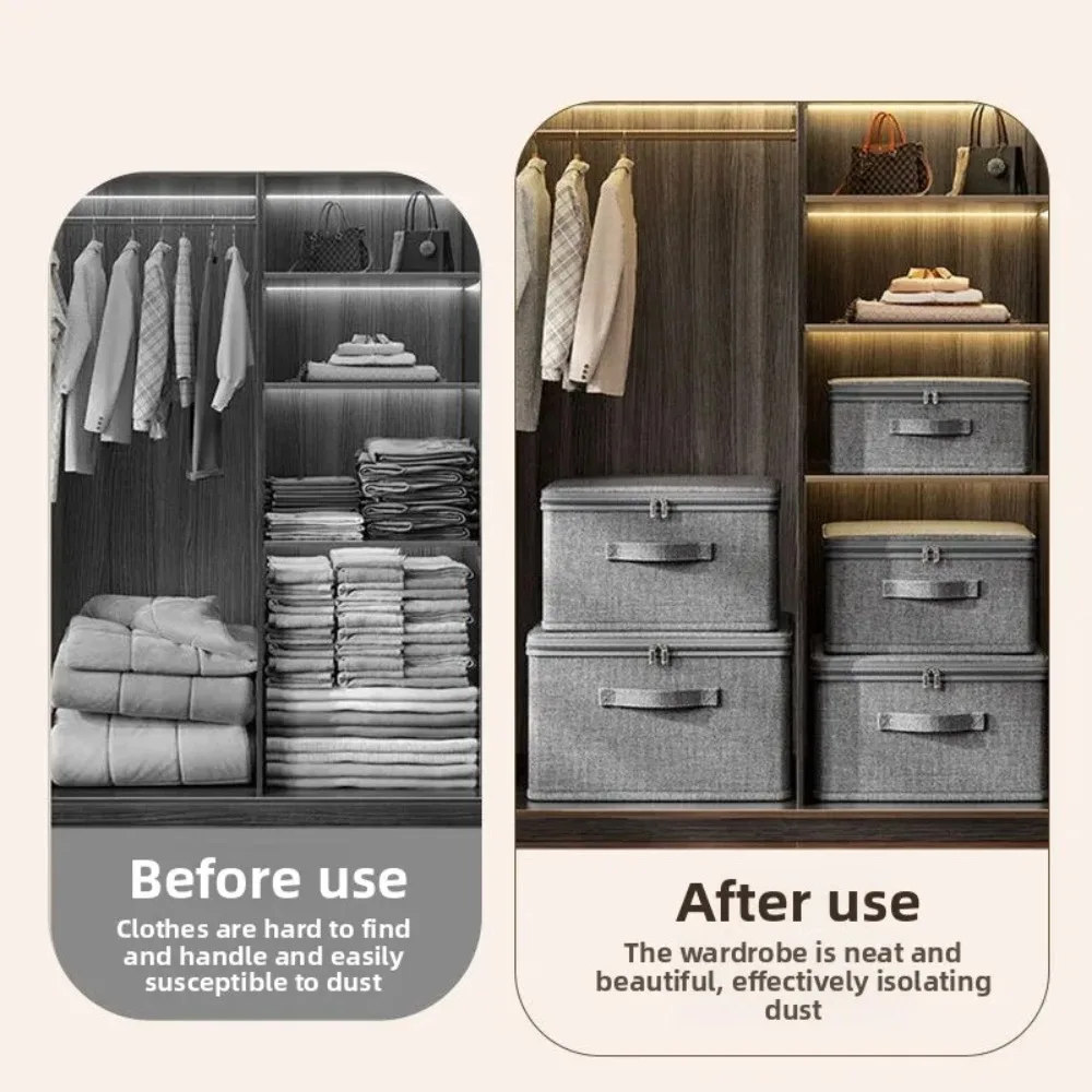 Premium Linen Like Fabric Storage Box Foldable Wardrobe Organizer with Sturdy Board Support Large Zipper Bin for Clothes Sweater