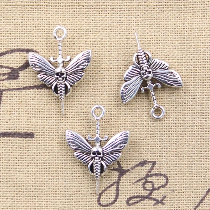 12 sztuk Charms czaszka motyl sztylet 25x18mm antyczne srebro kolorowe wisiorki DIY rzemiosło dokonywanie ustaleń Handmade biżuteria tybetańska
