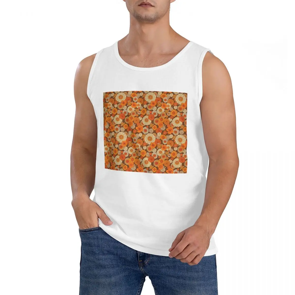70s Retro Daisies Vintage Flower Power Orange And Brown Boho Sleeveless T-Shirt Men Workout Sports Tops Men's Crew Neck Vest