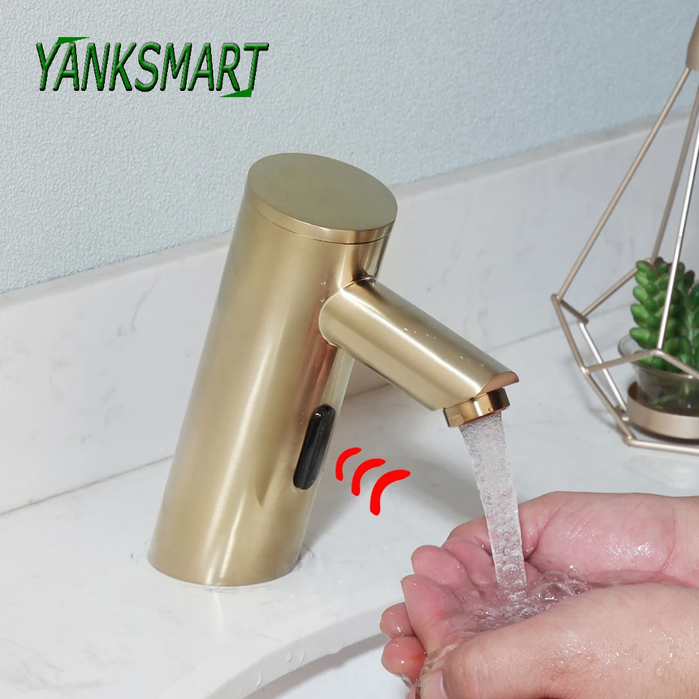 

YANKSMART Brushed Gold Bathroom Faucet Automatic Hand Touchless Sensor Basin Sink Deck Mounted Faucet Brass Mixer Water Tap