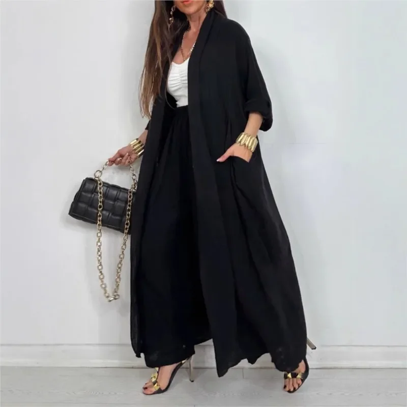 

Women Solid Lazy Style 2-Piece Set Cardigan Long Sleeve Shirt+ Wide Leg Pants Suits Elegant Plus Size Woman Clothes Outfits Robe