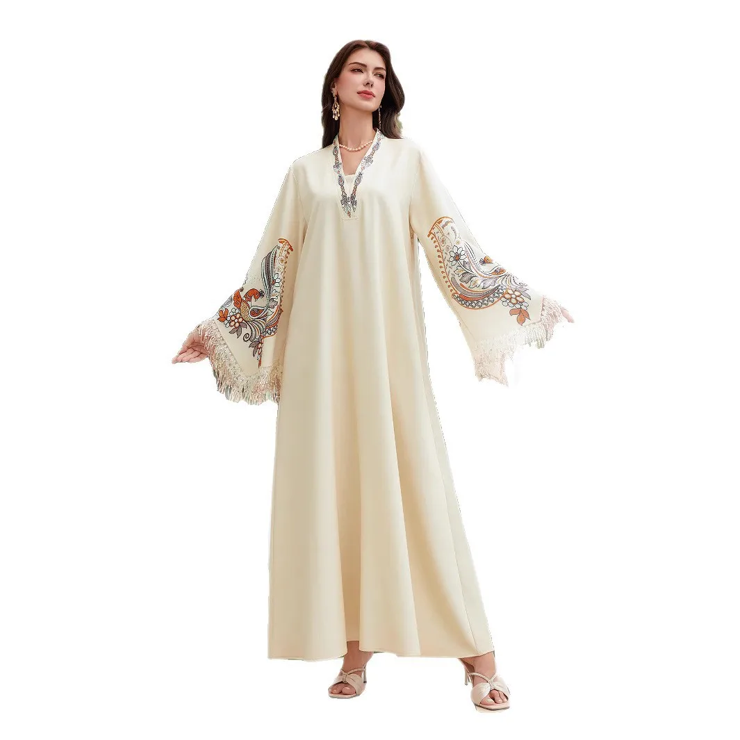 Middle East Cross Border Muslim Women's Robe V-Neck Printed Tassel Temperament Arabian Dress Abaya cw03716