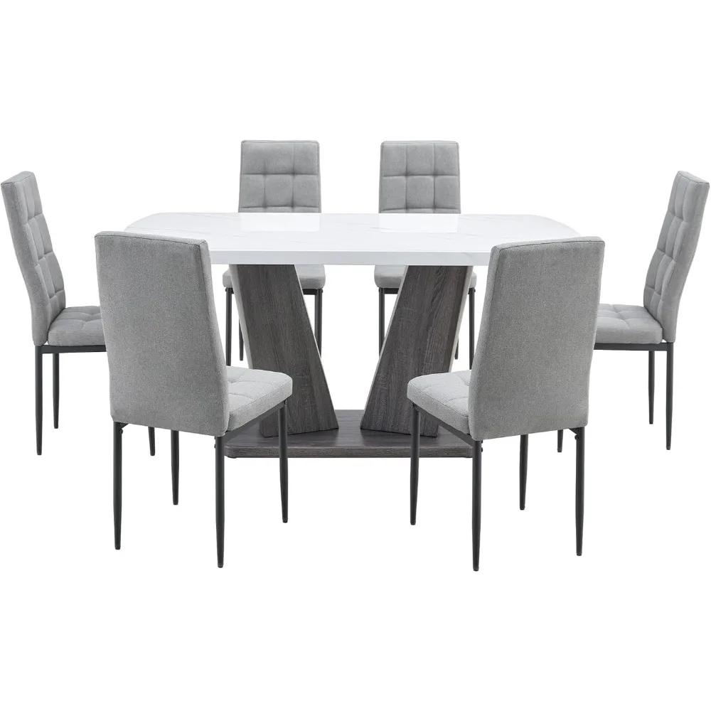 Marble Dining Table Set, V-shaped Table Wooden Legs Base,Kitchen Tables Set, 6Chairs for Kitchen,7Piece Modern Dining Tables Set