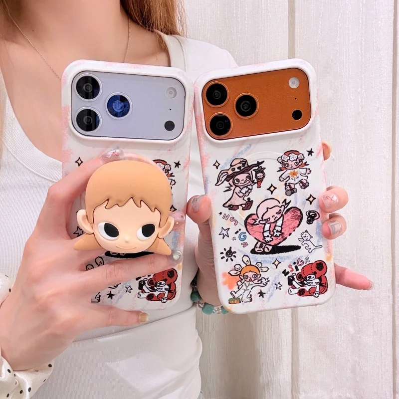 

Fashion Cartoon Girl Graffiti Painting Magnetic Phone Case For iPhone 17 Pro 16 15 Pro Max Cover with Stand Cute Protective Case