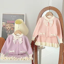 Girls Clothes for Kids 2 Pieces Sets Cardigan Sweater Skirt Sweet Cute O-neck Single Breaested Princess Solid Color Bowknot