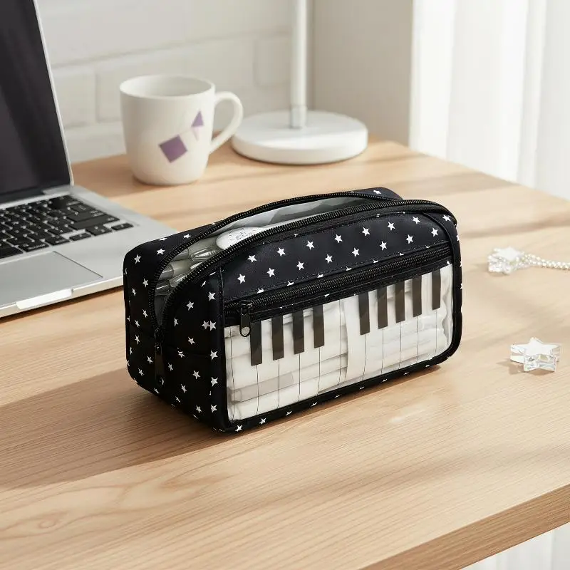 Piano Keyboard Printed Pencil Case 1Pc Large Capacity Multiple Pockets Durable Stationery Organizer for Office School