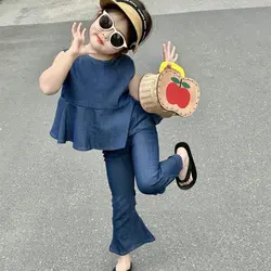 Girls' Set Single Breasted Denim Top+Fashionable Flared Pants 2024 Summer New Children's Clothing Solid Color Baby Kids Outfit