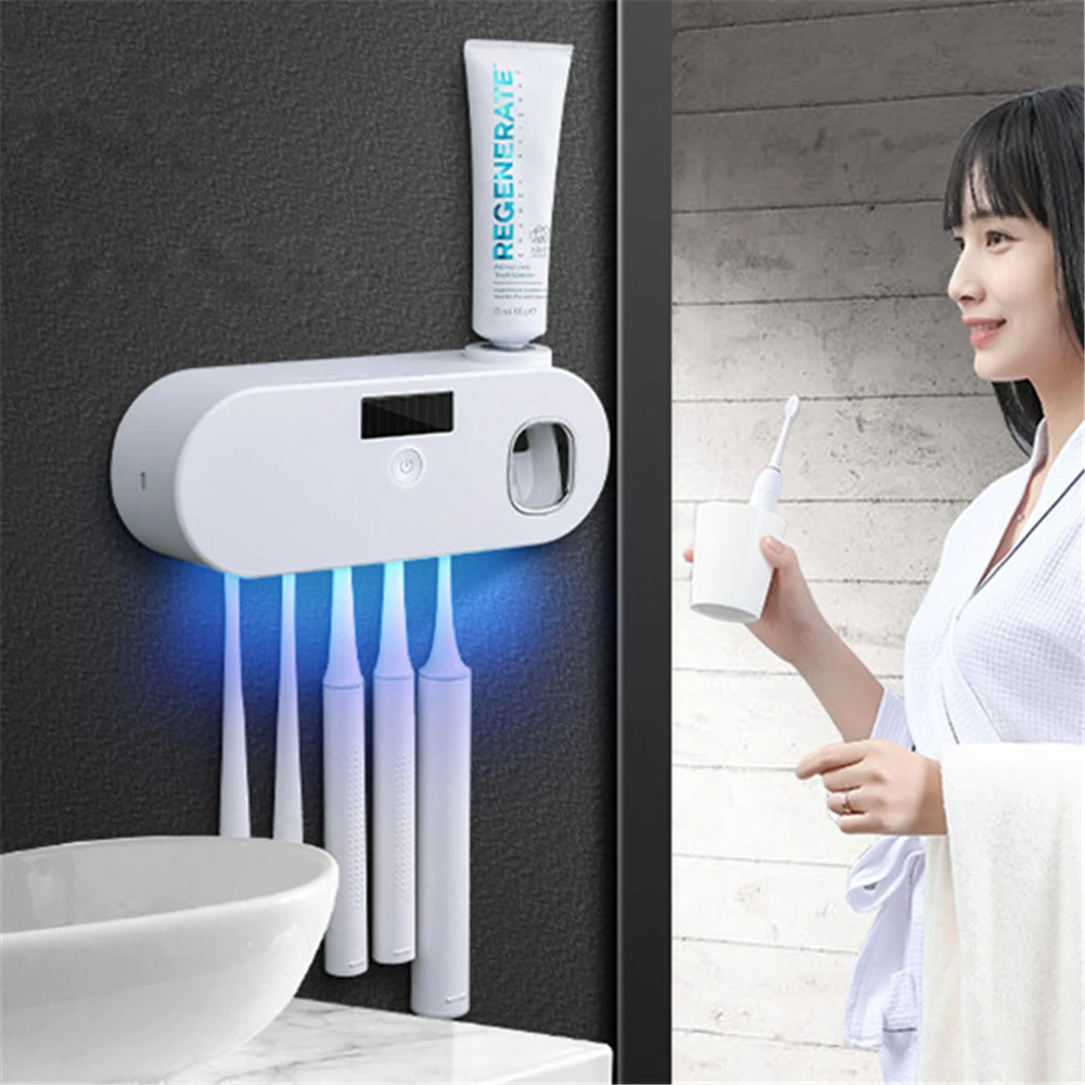 Portaspazzolino UV a energia solare Dispenser di dentifricio scatola portaoggetti per spazzolino da bagno supporto multifunzione carica USB