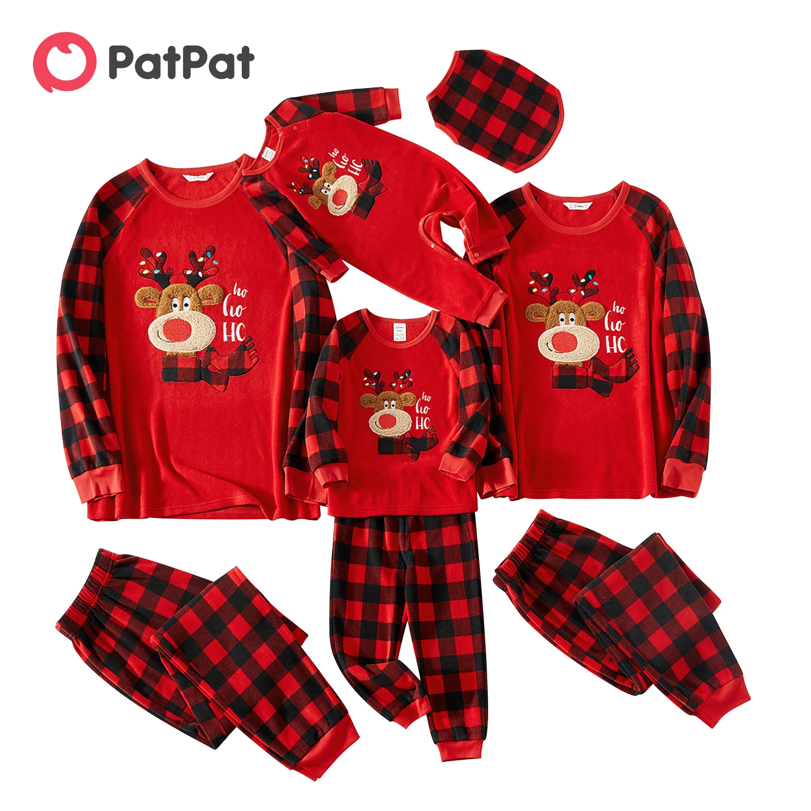 PatPat Christmas Family Matching Pajamas Reindeer Embroidered Plaid  Thickened Polar Fleece Pajamas Sets (Flame Resistant）