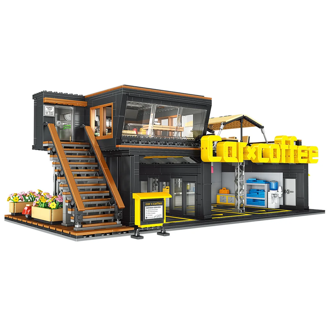 

Coffee Auto Repair Shop Coffee Car Club Building Blocks 2496pcs Street View Cafe Store Modular Bricks Toys for Kids Adults Gifts