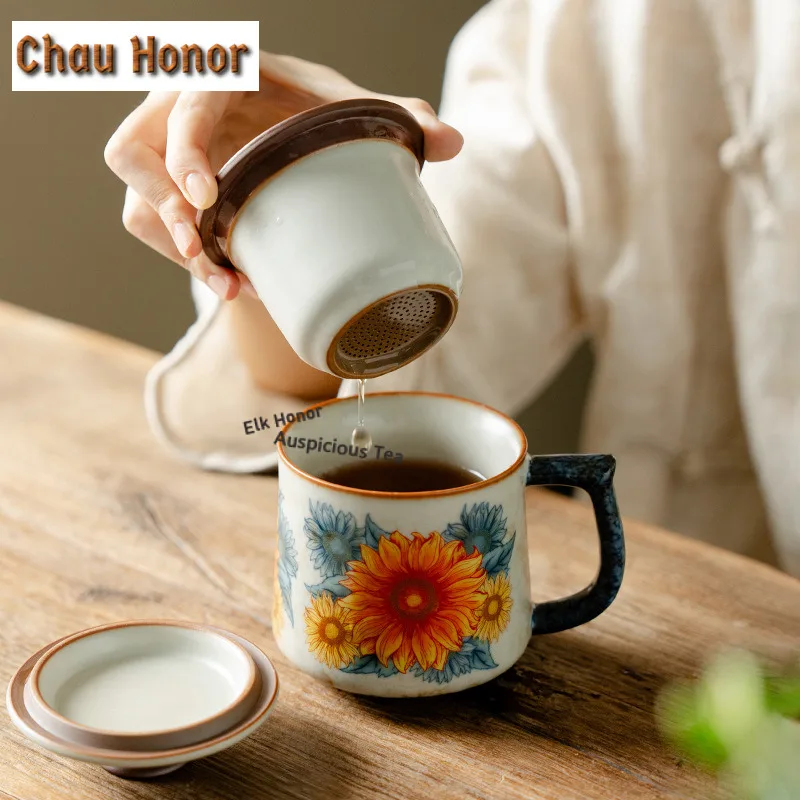 

330ml Ru Kiln Sunflower Coffee Mug Aesthetic Beer Cup Afternoon Tea Mug Household Personal Office Water Cup Drinkware Ornaments