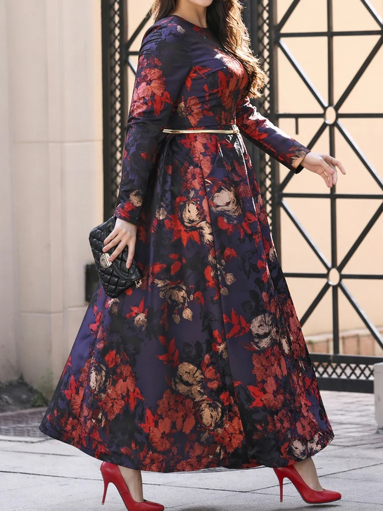 DEVCHATA Plus Size Women Vintage Boho Maxi Dress Floral Jacquard Round Neck A Line Formal Party Gown Autumn Winter