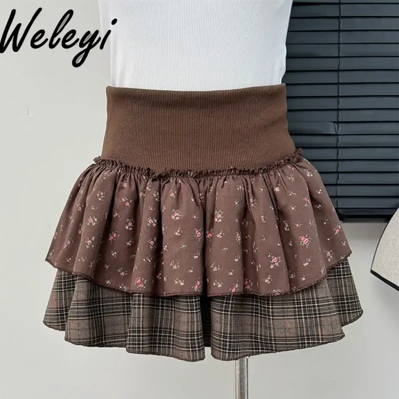 

Sweet Hot Girl Floral Splicing Plaid Mini Skirt 2024 Autumn Winter New Women's High-waisted Elastic Waist Pleated A-line Skirts