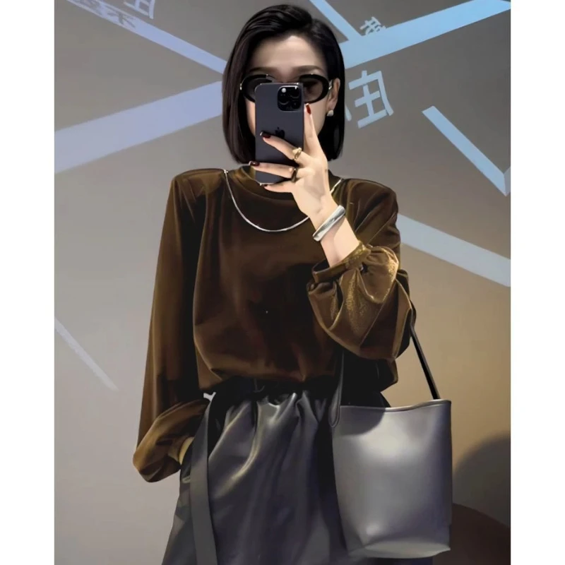 

Vintage Long Sleeve Solid Loose Simplicity Gold Velvet Tops Spring Autumn All-match Casual T Shirts Elegant Office Women Clothes