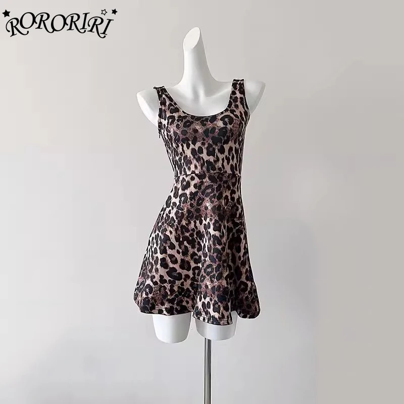 

RORORIRI Women Leopard Print Ruffle Mini Dress Scoop Neck A-line Slim Fit Sleeveless Tank Dress Summer Harajuku Vintage Clothing