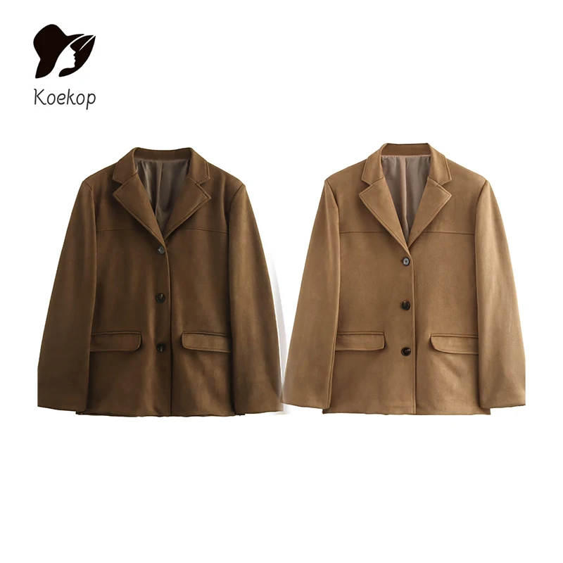 Koekop Women\'s Fashion Solid Color Lapel Single Breasted Blazer Vintage Casual Temperament Chic Lady Loose Jacket