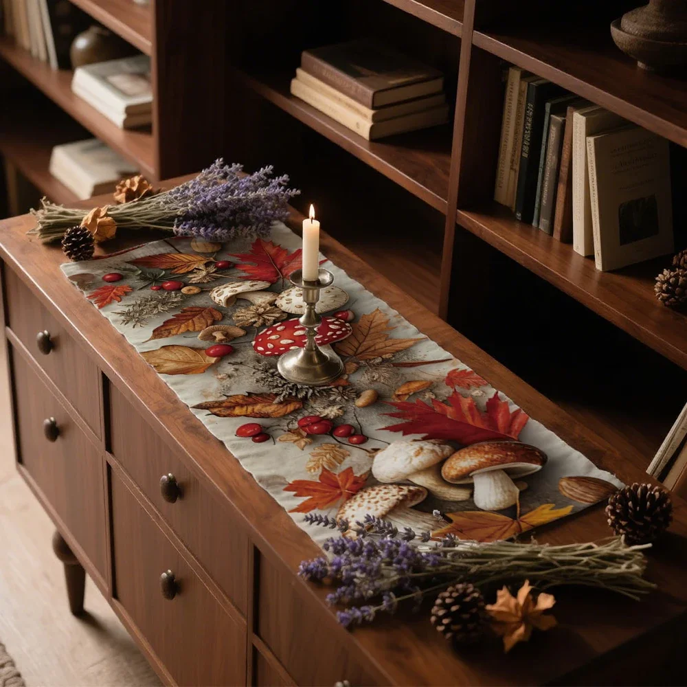 Autumn Mushroom Table Runner Autumn Jungle Harvest Thanksgiving Atmosphere Table Decor Maple Leaf Nut Berry Pattern Home Decor