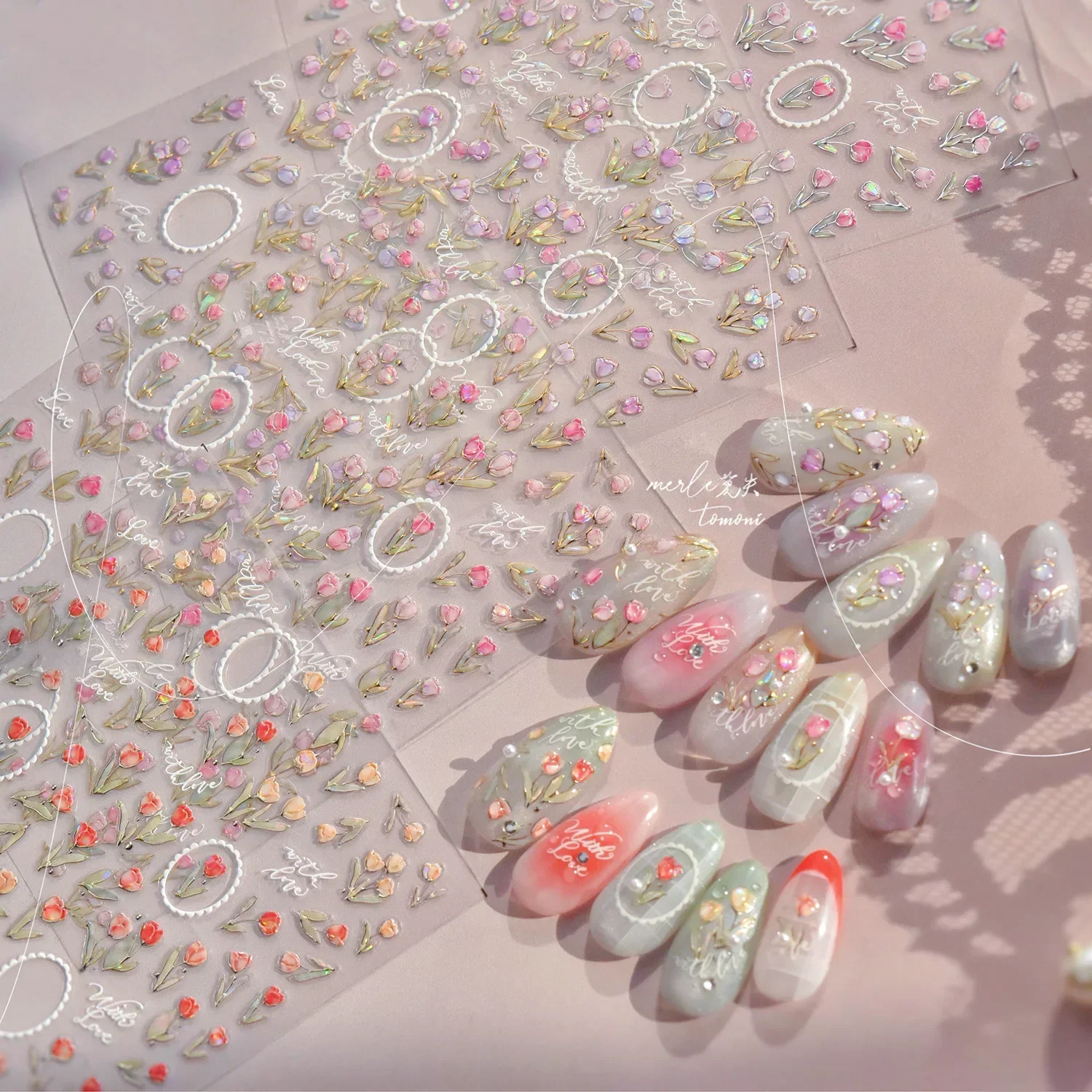 金箔白い花の花束花びらチューリップブルーム魅力的なレトロメタル自己粘着 5D ネイルアートステッカーマニキュアデカール